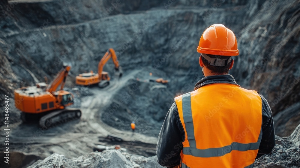 Mining engineer overlooking quarry operation with excavators. Mining engineer overlooking quarry operation with excavators.