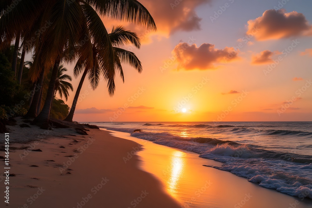 Vibrant Tropical Sunset Beach with Palm Trees and Colorful Sky Reflections Vibrant Tropical Sunset Beach with Palm Trees and Colorful Sky Reflections