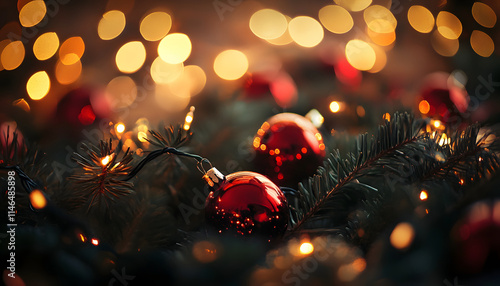 Festive Red Ornaments Adorn Christmas Tree Branches With Lights