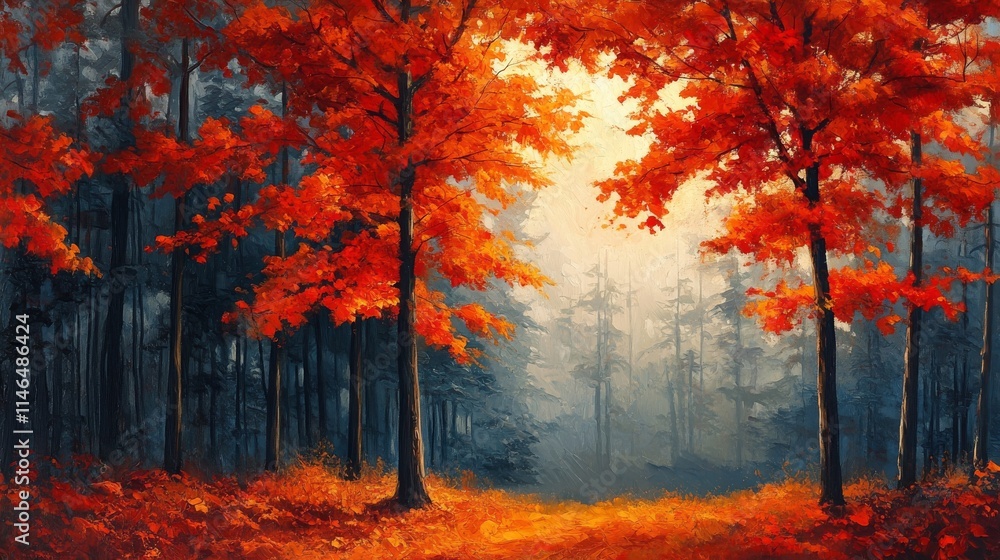 Autumnal Forest Scene With Vivid Red Foliage Autumnal Forest Scene With Vivid Red Foliage