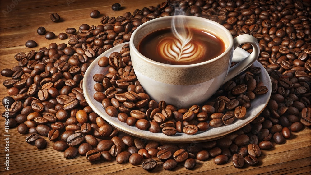 Cup of Coffee and Coffee Beans on Wooden Table with Steaming Hot Black Tea Fog Cup of Coffee and Coffee Beans on Wooden Table with Steaming Hot Black Tea Fog