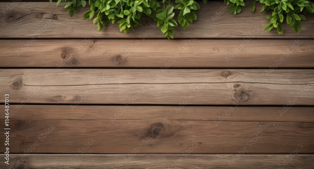 A rustic wooden wall or background features several horizontal planks, with vibrant green leaves cascading over the top, creating a harmonious blend of nature and structure. A rustic wooden wall or background features several horizontal planks, with vibrant green leaves cascading over the top, creating a harmonious blend of nature and structure.