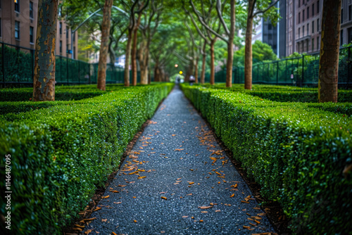 Lush green hedges create a serene pathway in an urban park filled with trees and tranquility at twilight. Generative AI