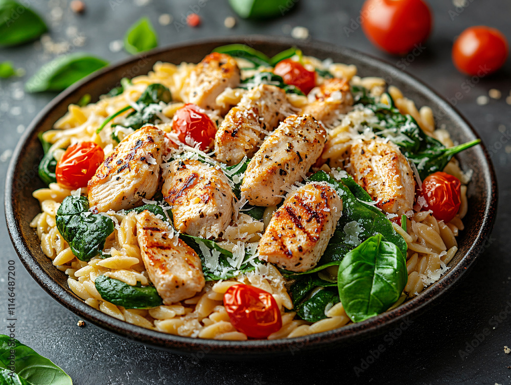 a plate of grilled chicken breast served on a bed of orzo pasta, garnished with fresh basil leaves and cherry tomatoes. The dish also includes a sprinkle of grated cheese and herbs. a plate of grilled chicken breast served on a bed of orzo pasta, garnished with fresh basil leaves and cherry tomatoes. The dish also includes a sprinkle of grated cheese and herbs.