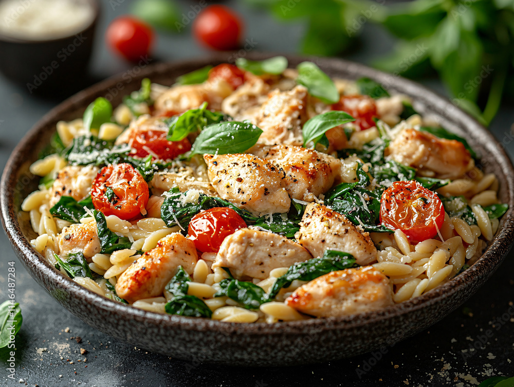 a plate of grilled chicken breast served on a bed of orzo pasta, garnished with fresh basil leaves and cherry tomatoes. The dish also includes a sprinkle of grated cheese and herbs. a plate of grilled chicken breast served on a bed of orzo pasta, garnished with fresh basil leaves and cherry tomatoes. The dish also includes a sprinkle of grated cheese and herbs.