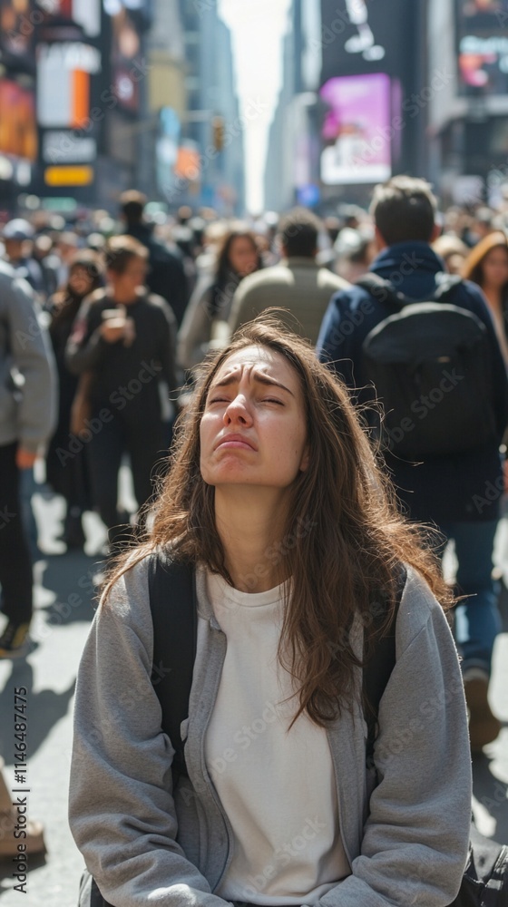 Young woman feeling overwhelmed in crowded Times Square, New York City, expressing emotion with closed eyes and tense expression amid bustling tourist crowds on sunny day Young woman feeling overwhelmed in crowded Times Square, New York City, expressing emotion with closed eyes and tense expression amid bustling tourist crowds on sunny day