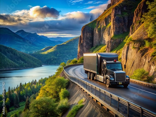 Columbia Gorge Big Rig, Black Semi Truck, Hill Climb, Empty Flatbed, Powerful Truck, Grille Guard, Scenic Drive, Oregon Landscape Photography photo