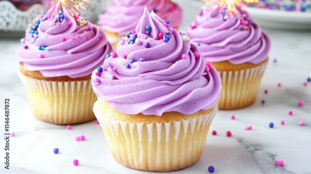 Colorful cupcakes with purple frosting and sprinkles, perfect for celebrations. Colorful cupcakes with purple frosting and sprinkles, perfect for celebrations.