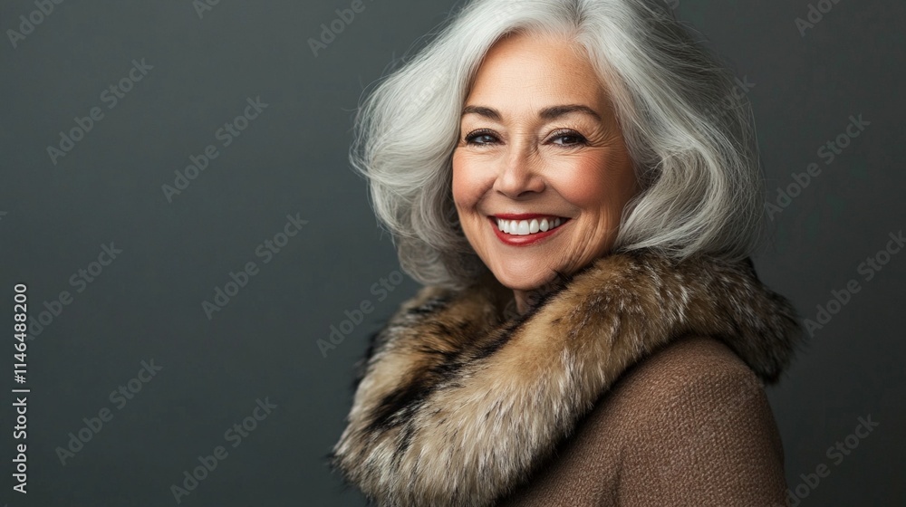 Elegant mature woman with silver hair wearing luxurious fur collar and brown sweater, radiating confidence and joy against dark background in professional studio portrait. Elegant mature woman with silver hair wearing luxurious fur collar and brown sweater, radiating confidence and joy against dark background in professional studio portrait.