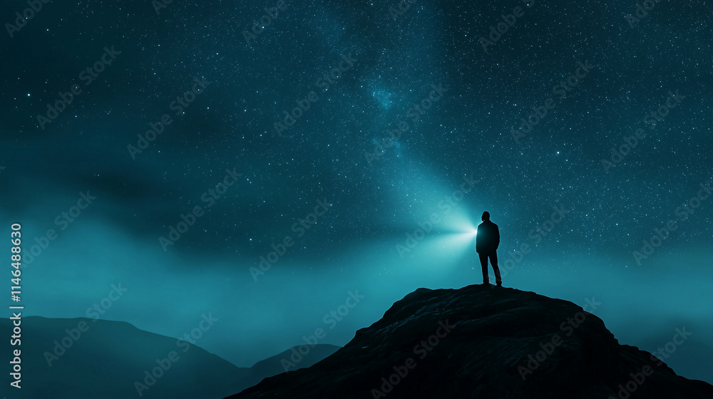 Man Exploring Starry Night with Flashlight on Rocky Hilltop Man Exploring Starry Night with Flashlight on Rocky Hilltop