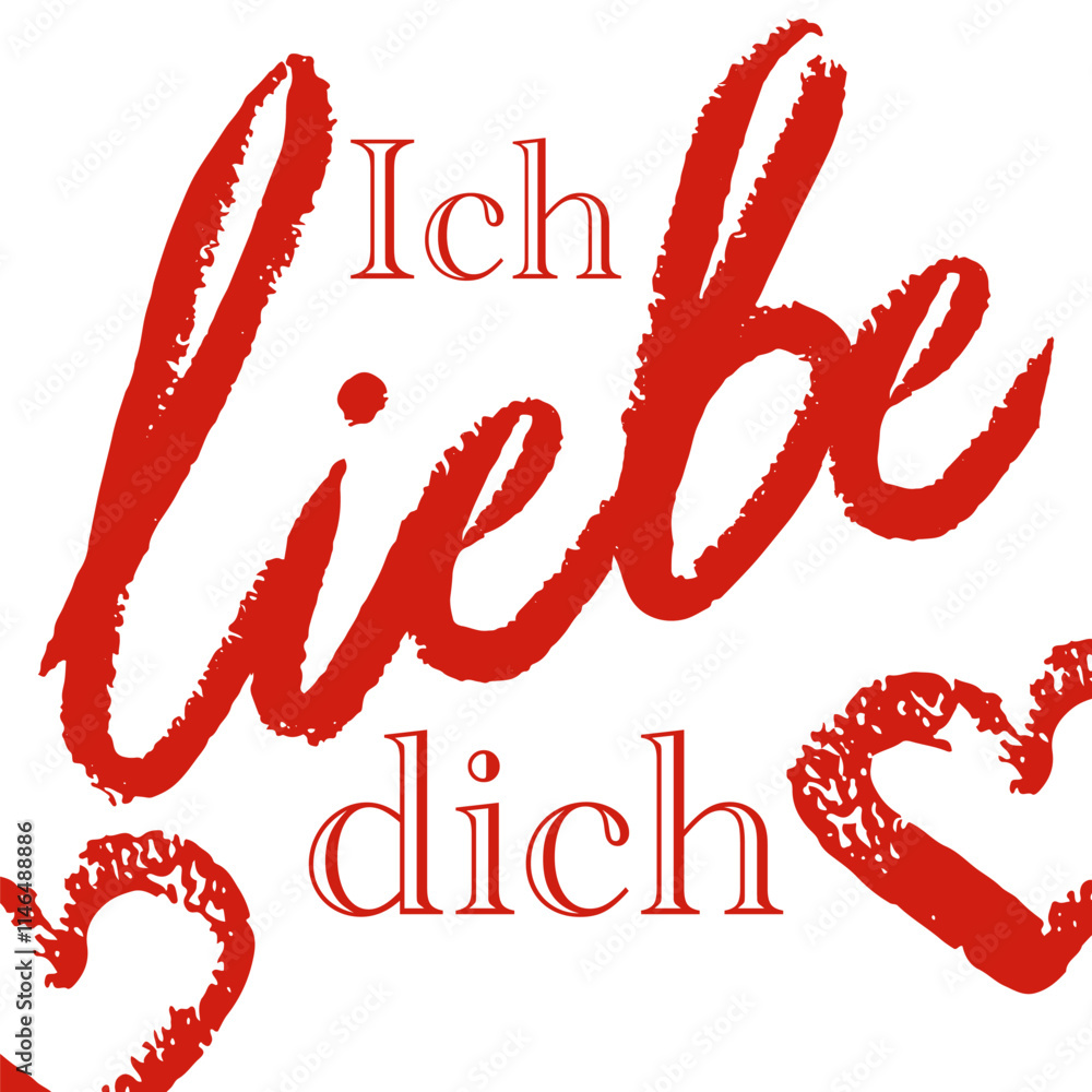Card in German “ I love you” with hand draw hart and hand written: liebe “love”. Vector isolated with texture. 