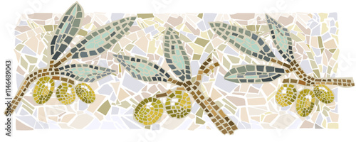 Green olives banner mosaic, free hand draw. Vector, isolated, wonderful pastel colors.