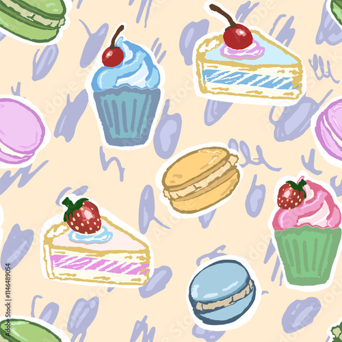 Sweet pattern with sweets, macaroons, and cupcakes. Hand draw, vector pattern with texture and interesting colors.