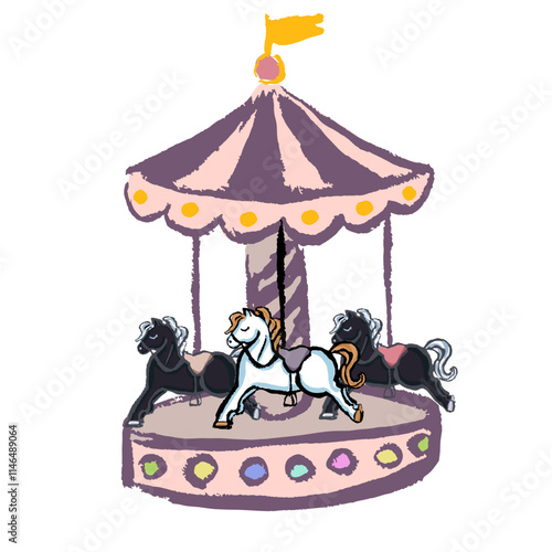 Carousel hand draw. Vector, isolated. Watercolor texture. Childish, fun and interesting. Pastel colors. With white and black horses.