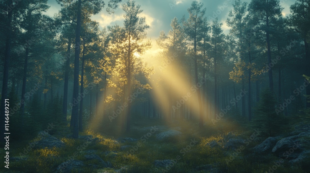 Fototapeta premium Sunbeams Illuminate Misty Forest Scene With Tall Trees