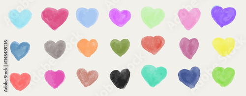 Banner with colorful watercolor hearts, hand gemalt with texture. Vector, isolated.