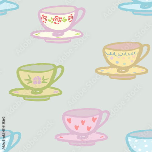 Tea cups pattern with different ornaments on the cups. Vector, isolated. Hand draw, brush strokes and texture
