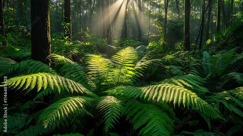 Sunlight pours through gaps in the dense canopy, casting intricate patterns of shadows across the forest floor, where vibrant green plants thrive in the dappled light Sunlight pours through gaps in the dense canopy, casting intricate patterns of shadows across the forest floor, where vibrant green plants thrive in the dappled light