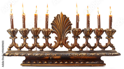 Traditional menorah with lit candles, isolated on white, cut out  photo