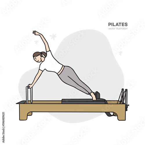 This is an illustration of a woman exercising through device Pilates. It is a hand-drawn health-related person vector element.