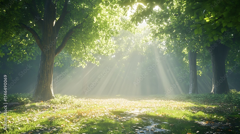 Obraz premium Bright sunbeams filter through towering trees, creating a natural mosaic of light and shadow on the forest floor, while vibrant green leaves sway gently in the breeze 