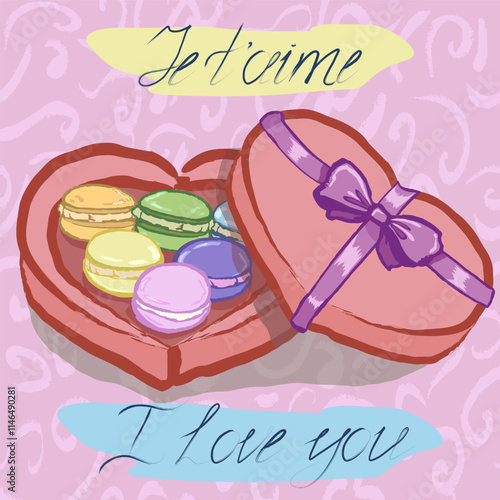 Box in a heart shape with macaroons. And words “love you” in French. Hand draw, handwritten vector pattern with texture and interesting colors. Perfect for Valentine day.