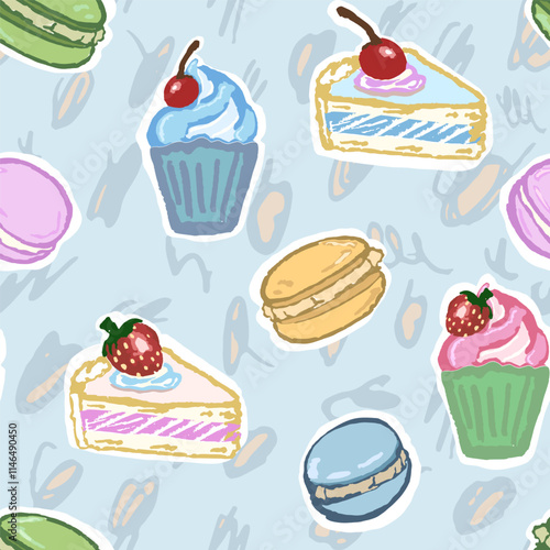 Interesting pattern with sweets, macaroons, and cupcakes. Hand draw, vector pattern with texture and interesting colors. 