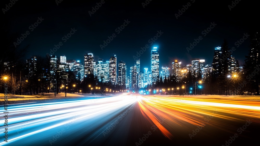 Obraz premium Cityscape Night Lights and Fast Moving Traffic on Highway