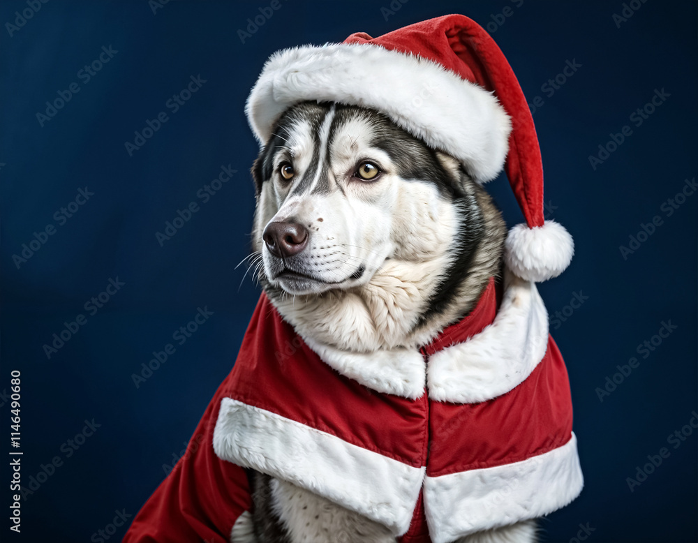 A regal Siberian husky in a red Santa suit
A regal Siberian husky in a red Santa suit
