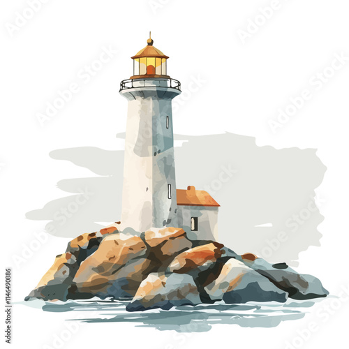 A watercolor vector of a small lighthouse on a rocky shore, isolated on a white background. Small lighthouse rocky shore vector.