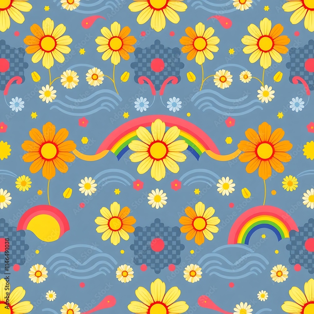 Obraz premium Groovy Retro Floral Pattern: 70s Style Rainbow and Daisy Seamless Texture 