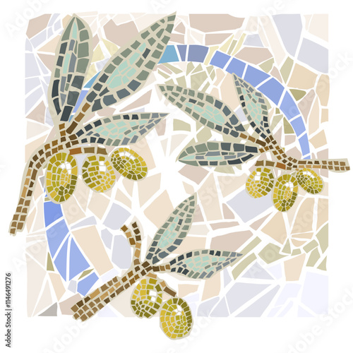Green olives mosaic, free hand draw. Vector, isolated, wonderful pastel colors.