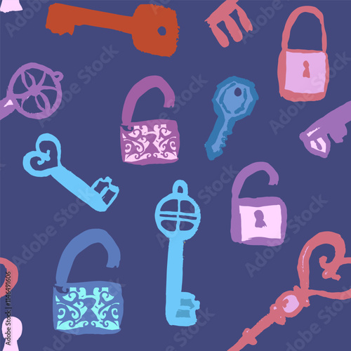 Seamless pattern with keys and locks interesting, original colors. Vector, isolated, hand draw, textured.