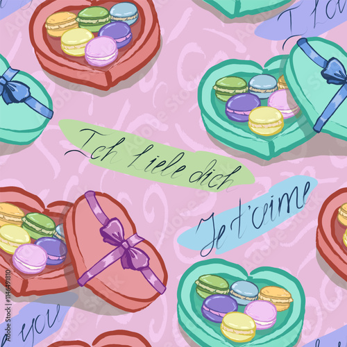 Pattern with macaroons boxes in hart shape. Hand drawn with texture and hand written “I love you” in German and French languages. Vector, isolated.