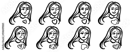 Different feelings, girl with heart. Interesting expressions of face. Vector graphic isolated, doodle, hand draw, with texture, ink.