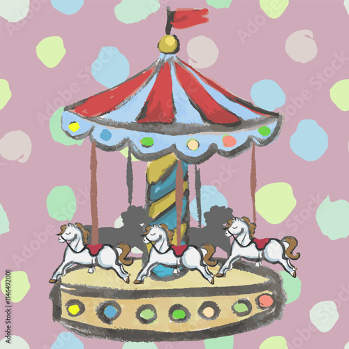 Carousel hand draw. Vector, isolated. Watercolor texture. Childish, fun and interesting. Pastel colors. With white horses.