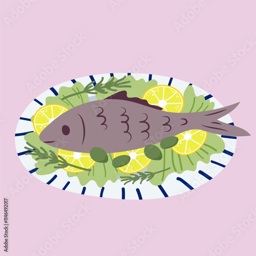 Vector hand drawn flat food illustration, fish on a plate with lettuce leaves, lemon slices and olives, traditional  Greek cuisine.
