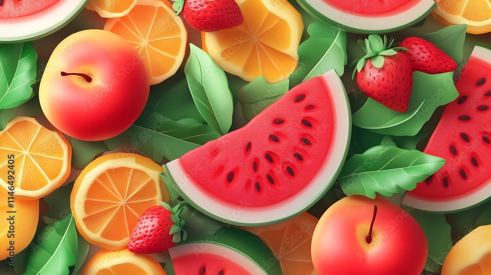 Naklejka premium Summer Fruits Delight: A Vibrant Composition of Watermelon, Strawberries, Oranges, and Apples