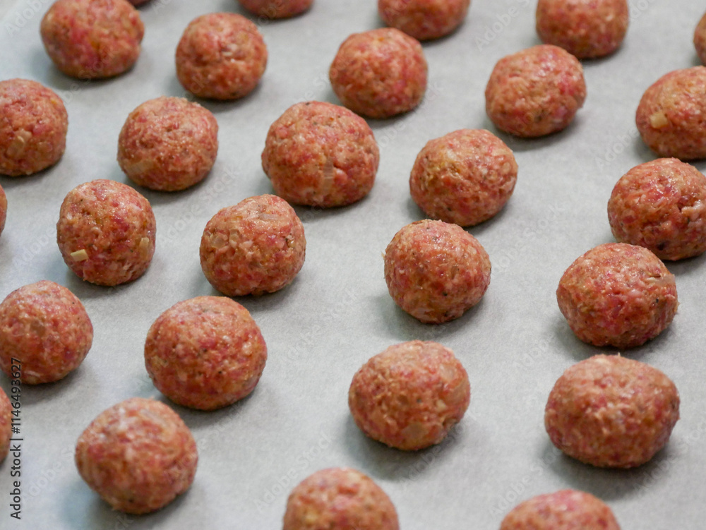 Freshly rolled meatballs, ready to be cooked on the stove. Raw meatballs. Cooking process. Swedish meatballs in the kitchen. Swedish cuisine. Freshly rolled meatballs, ready to be cooked on the stove. Raw meatballs. Cooking process. Swedish meatballs in the kitchen. Swedish cuisine.