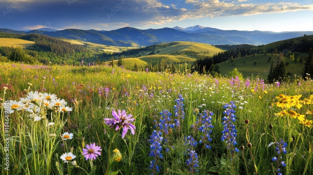 Scenic Meadow Landscape with Colorful Wildflowers and Mountains Scenic Meadow Landscape with Colorful Wildflowers and Mountains