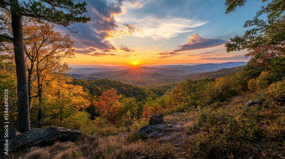 Breathtaking Autumn Sunset Over Mountain Landscape with Trees Breathtaking Autumn Sunset Over Mountain Landscape with Trees