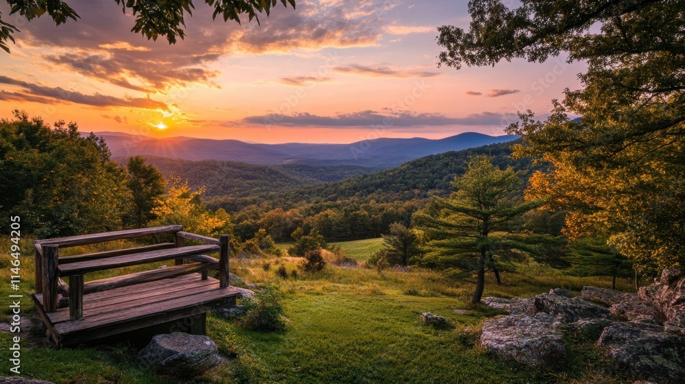 Scenic Sunset Over Mountains with Wooden Bench in Foreground Scenic Sunset Over Mountains with Wooden Bench in Foreground