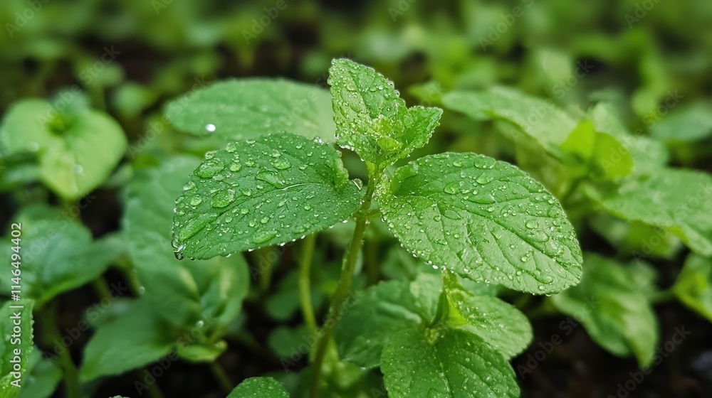 Dewdrops adorn vibrant green mint leaves in a lush garden Dewdrops adorn vibrant green mint leaves in a lush garden