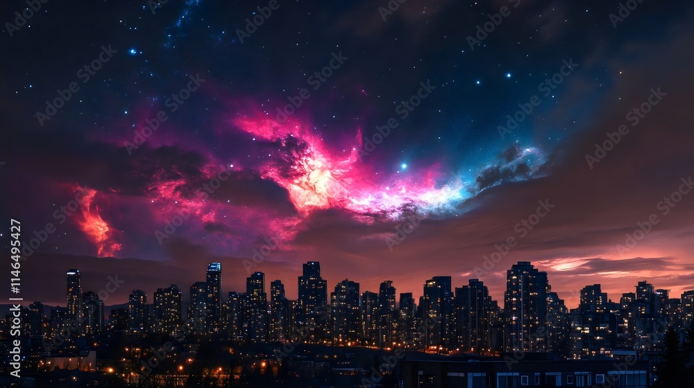 Fototapeta premium Stunning Cityscape Night Sky with Cosmic Colors Vibrant Stars Clouds