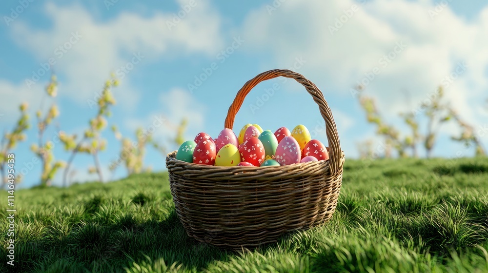 A wicker basket with colorful Easter eggs on a beautiful green meadow with blue sky. Holiday background banner. 3d render, 3d illustration A wicker basket with colorful Easter eggs on a beautiful green meadow with blue sky. Holiday background banner. 3d render, 3d illustration