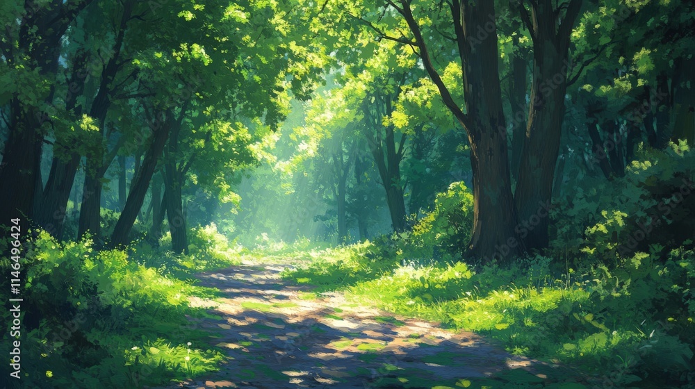 Obraz premium Sunlit Path Through Lush Green Summer Forest