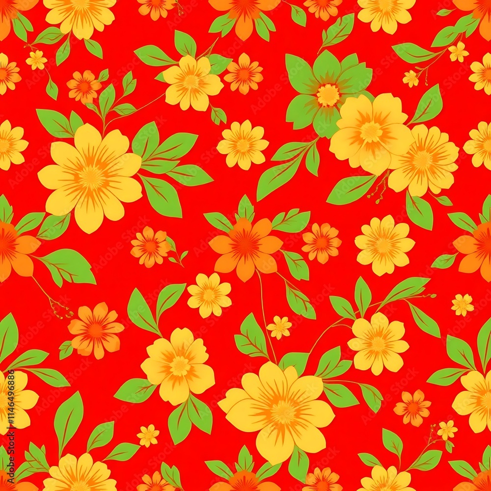 Floral Fiesta: A vibrant and cheerful seamless pattern featuring a profusion of yellow and orange flowers with green leaves against a rich red background. Floral Fiesta: A vibrant and cheerful seamless pattern featuring a profusion of yellow and orange flowers with green leaves against a rich red background.