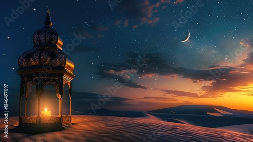 Ornate lantern glows at sunset in a desert landscape under a crescent moon and starry night sky. photo