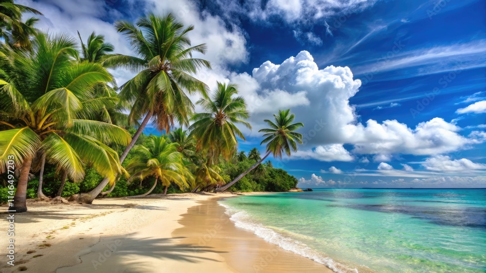 Obraz premium Tropical Sandy Beach with Palm Trees, White Clouds, and Blue Sky, Travel Paradise Background
