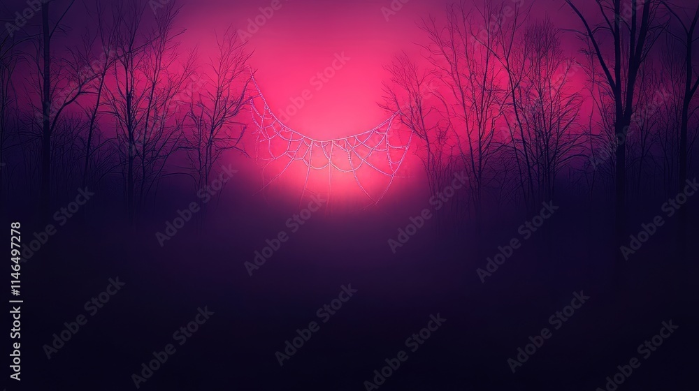 Naklejka premium Crimson Sunset Silhouette Spooky Forest Fog and Web